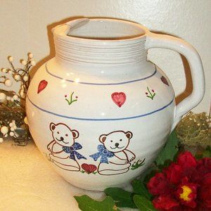 Vintage Portugal MM Pottery Pitcher Hand Painted Redware Teddy Bear & Hearts 7"